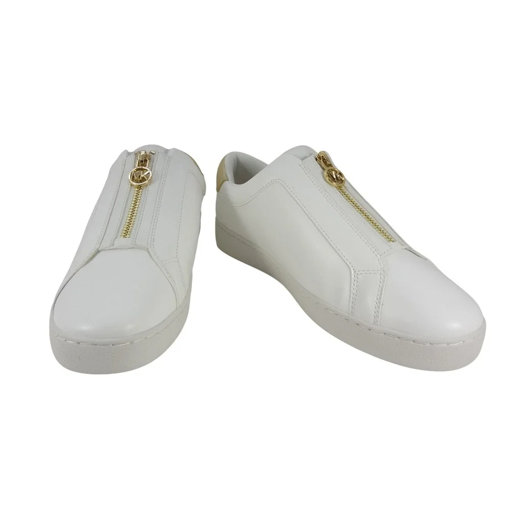 Michael Kors Bodie Sneakers Women 10 White Excellent Front Zip Gold Logo Leather